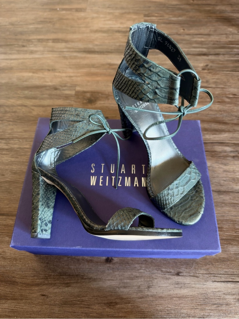 Stuart Weitzman Block Heel Leather Snakeskin Ankle Tie Sandal, Dark Green, Sz 38